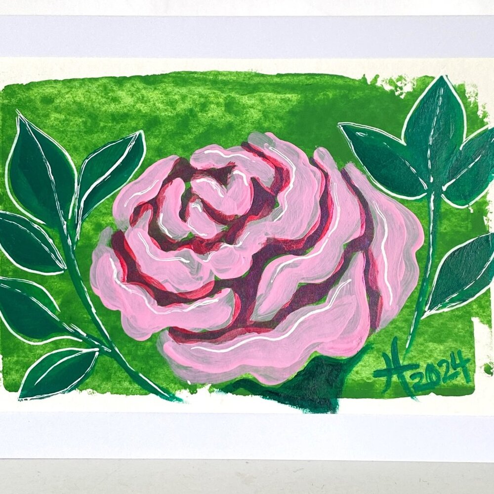 Pink Ruffle Peony Acrylic Art Handmade Original Blank Greeting Card and Envelope